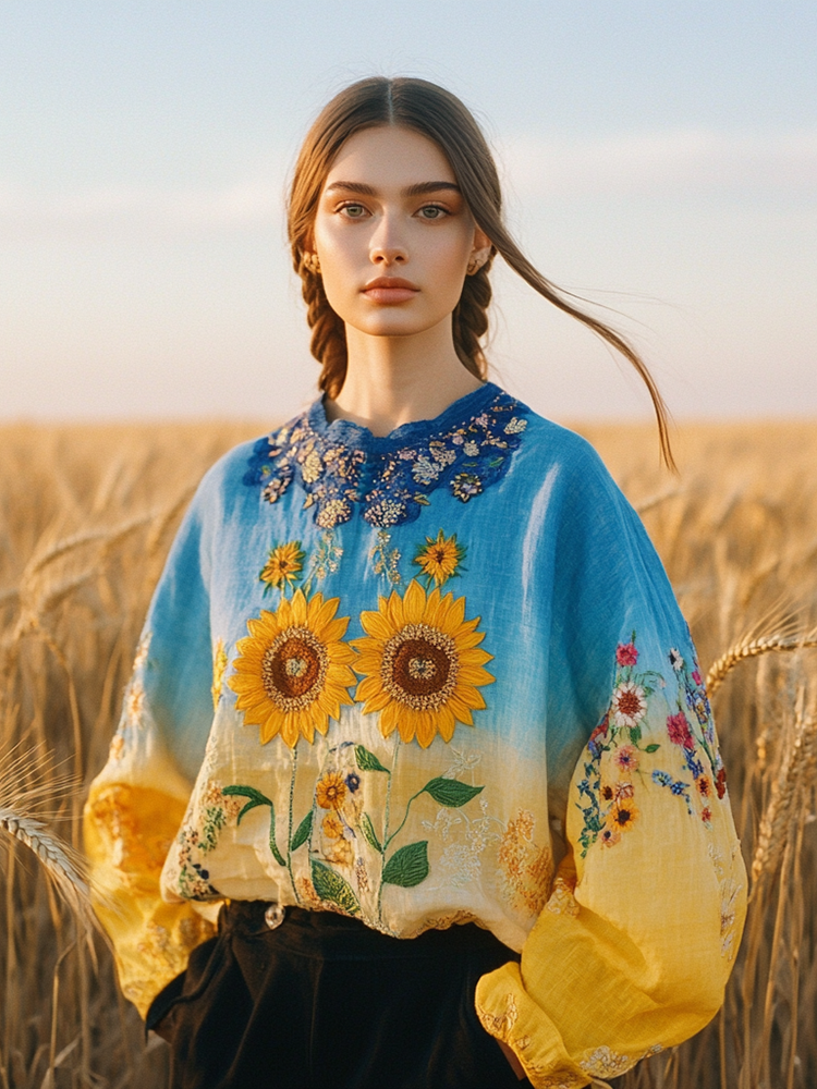 Women's Ukrainian Flag Sunflower Embroidered Crew Neck Linen Blend T-shirt