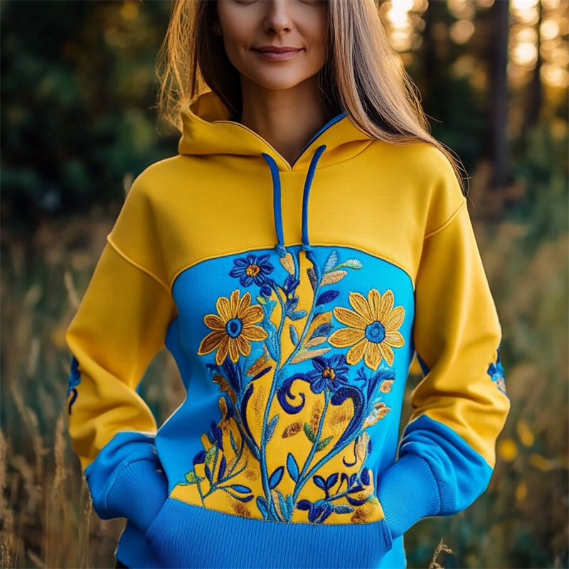 Ukraine Sunflowers Embroidered Contrast Patchwork Hoodie Ukraine Sunflowers Embroidered Contrast Patchwork Hoodie