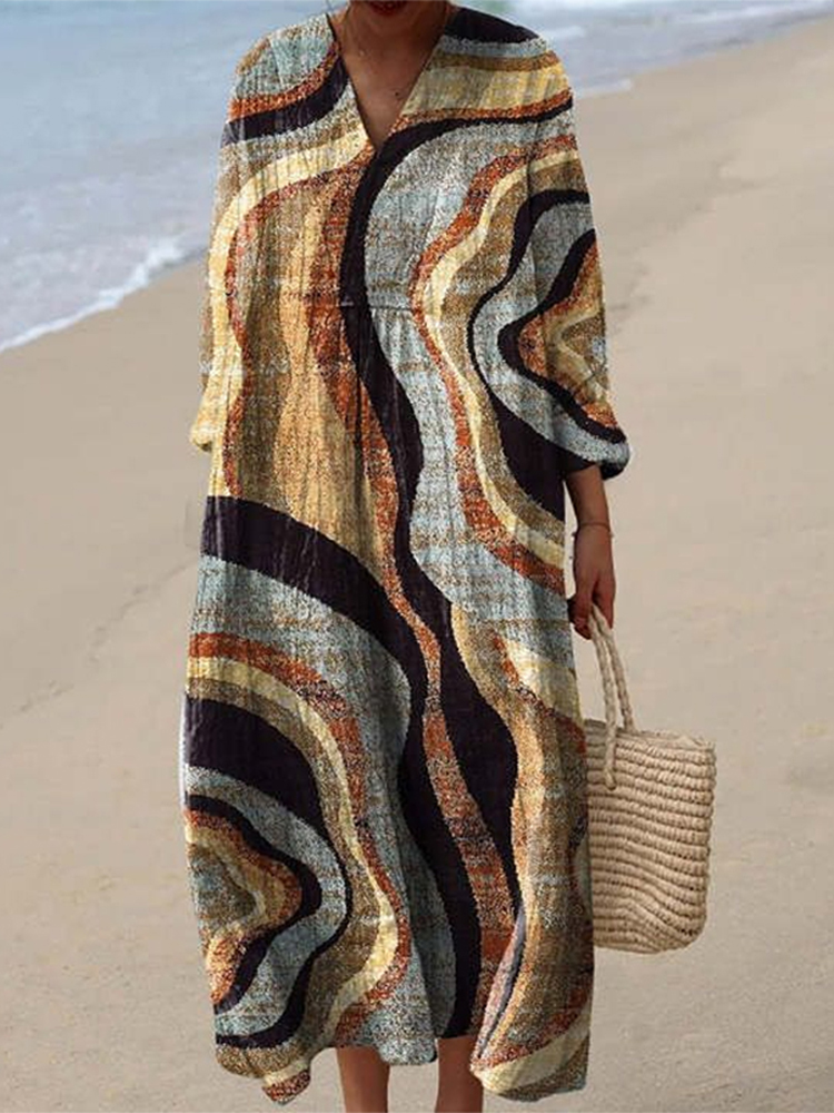 Vintage Geometric Art Linen Blend Maxi Dress