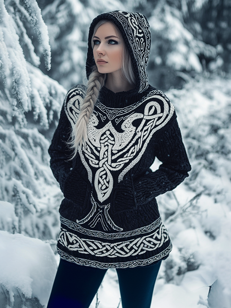 Women's Viking Tribal Celtic Chunky Knit Hooded Sweater