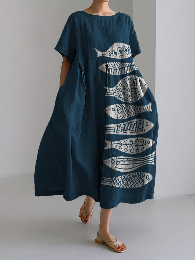 Fish Japanese Lino Art Flowy Linen Blend Maxi Dress Fish Japanese Lino Art Flowy Linen Blend Maxi Dress