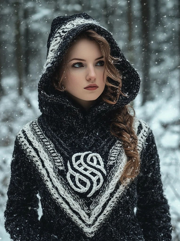 Women's Vintage Jacquard Cozy Knit Hooded Sweater
