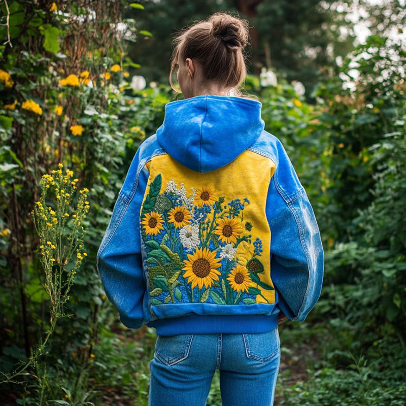 Women's Ukrainian Sunflower Embroidered Print Washde Hooded Sweatshirt Women's Ukrainian Sunflower Embroidered Print Washde Hooded Sweatshirt