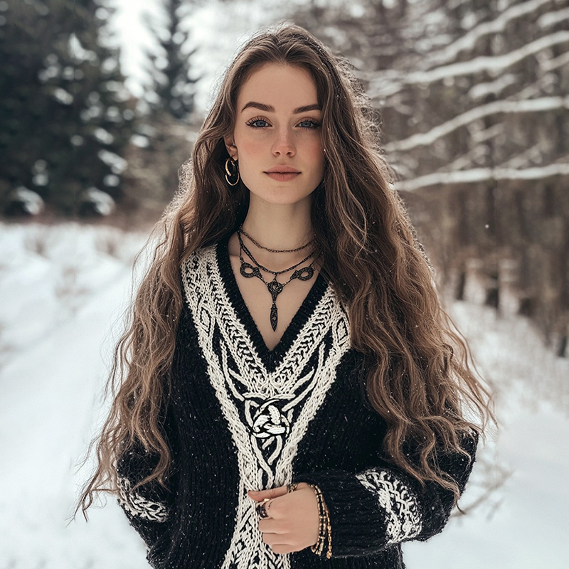 Women's Viking Style Celtic Knot V Neck Knitted Sweater Women's Viking Style Celtic Knot V Neck Knitted Sweater