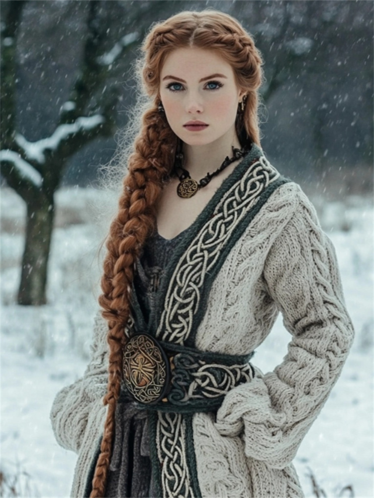 Vintage Medieval Celtic Contrast Hem Cozy Chunky Long Cardigan
