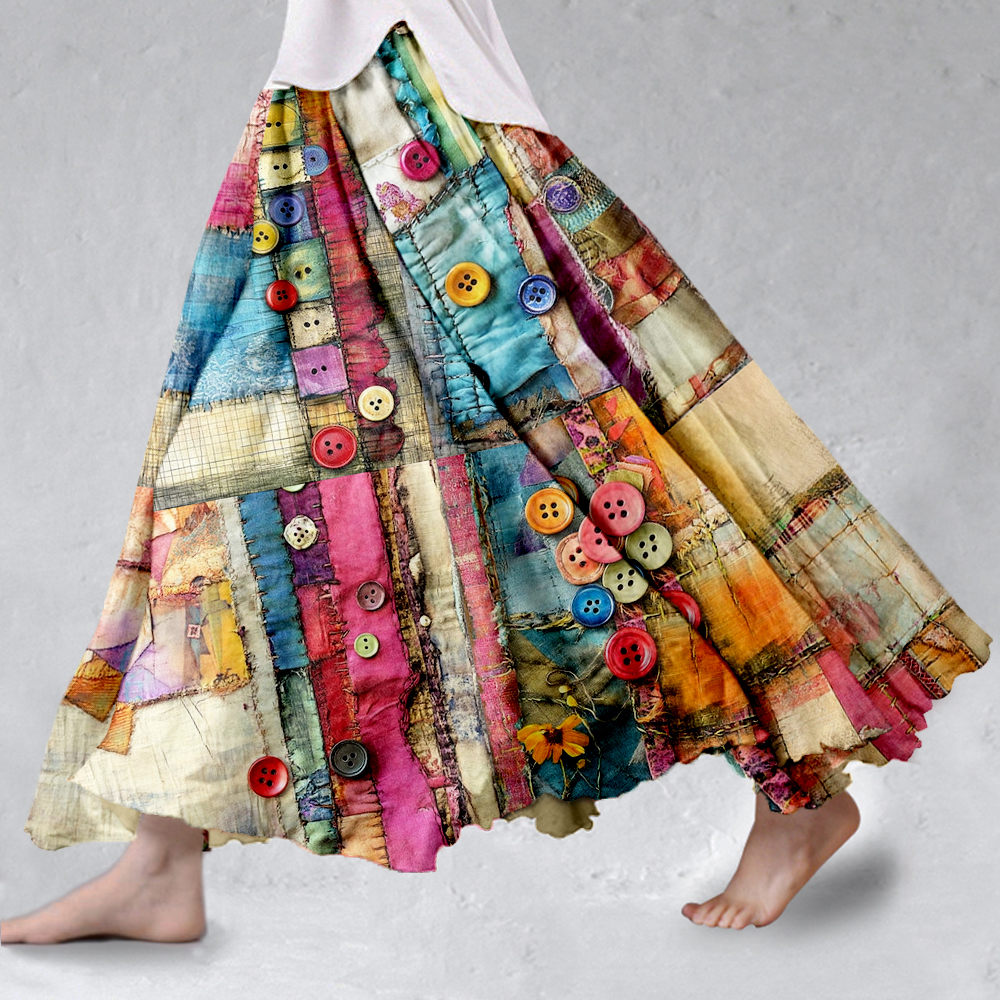 Colorful Boho Patchwork Flowy Linen Blend Wide Skirt