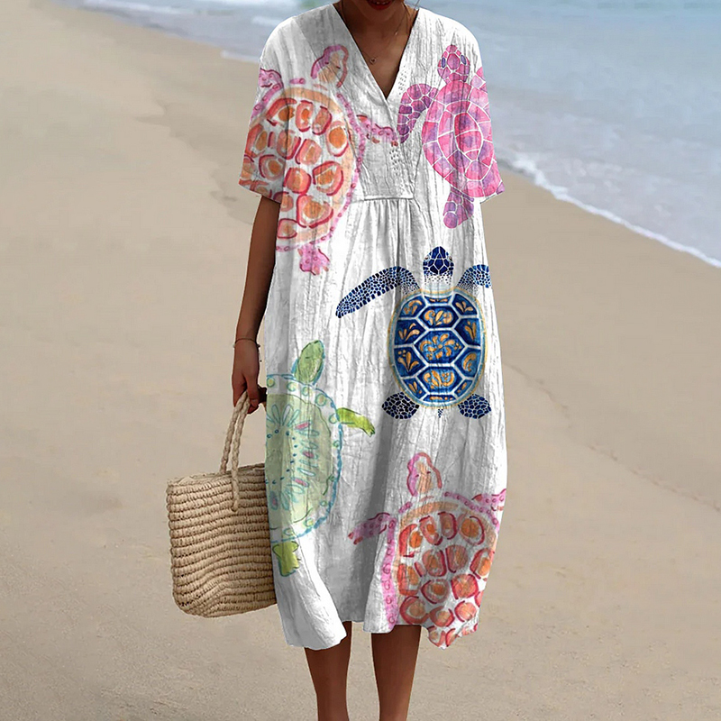 Women's Resort Collection Watercolor Turtle Pattern Casual Flowy Midi Dress Women's Resort Collection Watercolor Turtle Pattern Casual Flowy Midi Dress