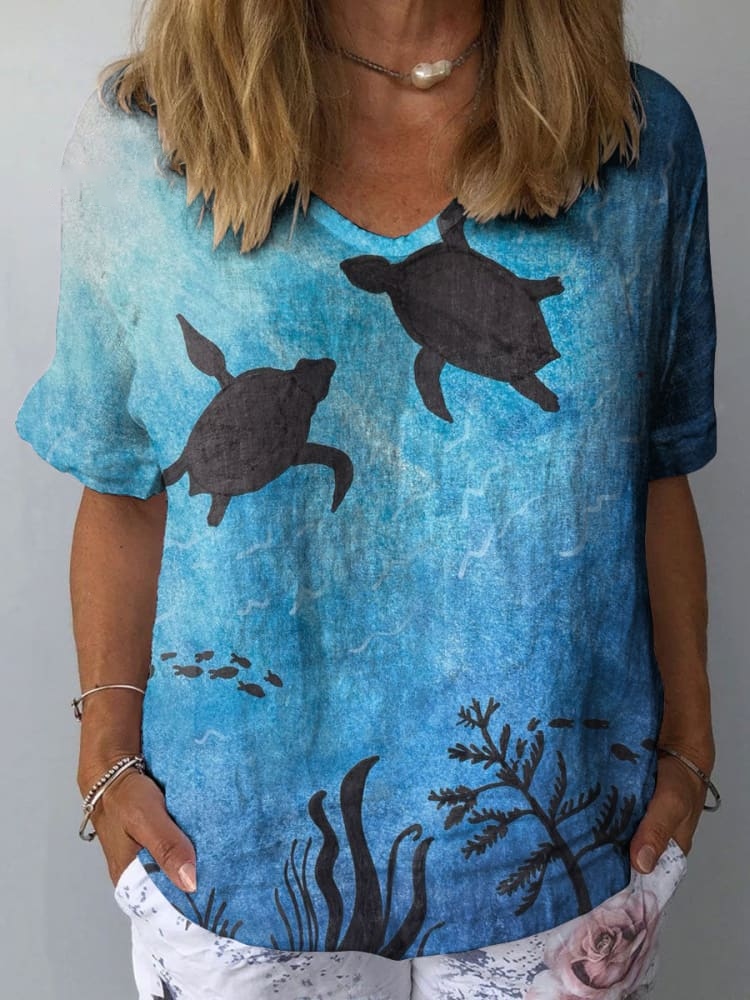 Women's Underwater World Sea Turtle Print Linen Blend T-shirt