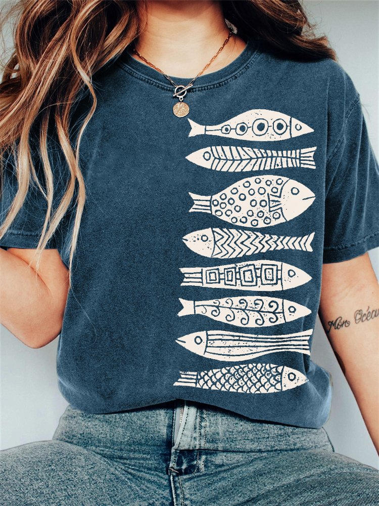 Fish Japanese Lino Art Vintage Washed T Shirt Fish Japanese Lino Art Vintage Washed T Shirt