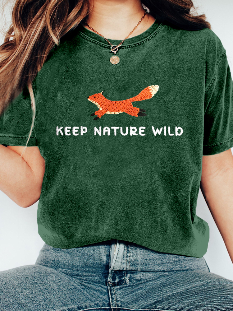 Keep Nature Wild Fox Embroidered Washed T Shirt