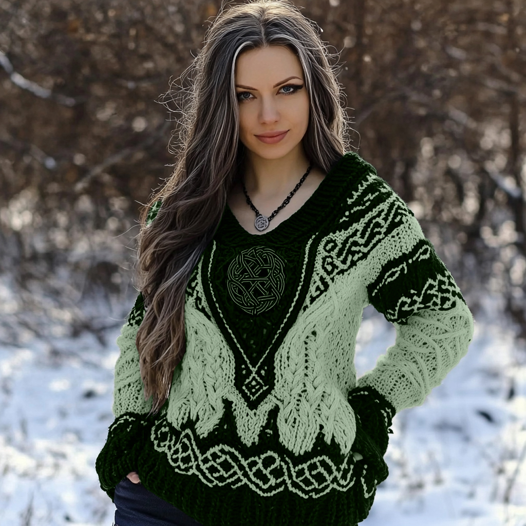 Women's Viking Rune Knit Jacquard V-neck Sweater