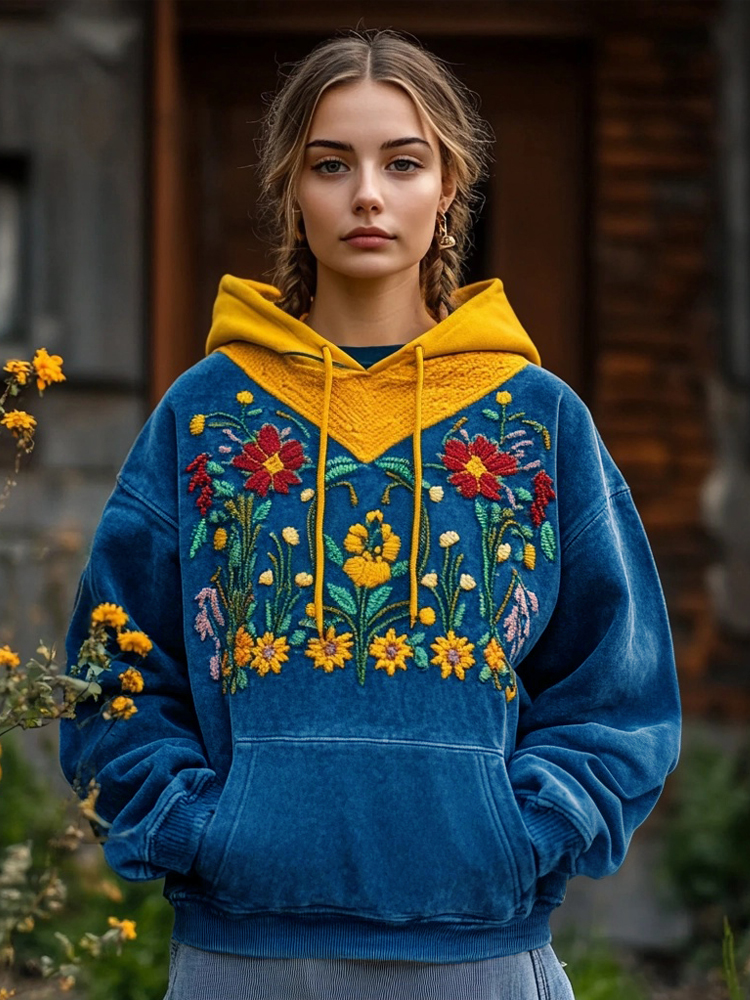 Vintage Ukrainian Folk Floral Embroidered Contrast Color Cozy Hoodie