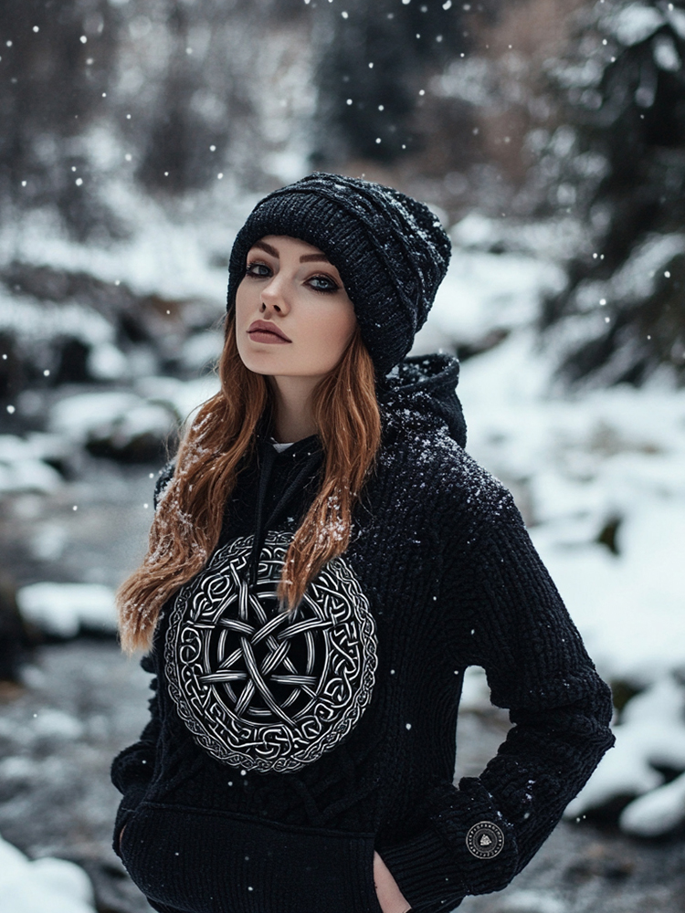 Women's Viking Tribal Jacquard Celtic Inspired Chunky Knit Hooded Sweater