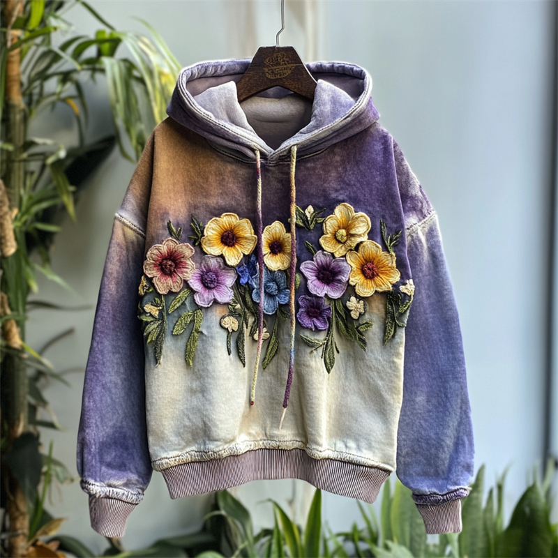 Classy Flowers Embroidered Contrast Color Washed Hoodie