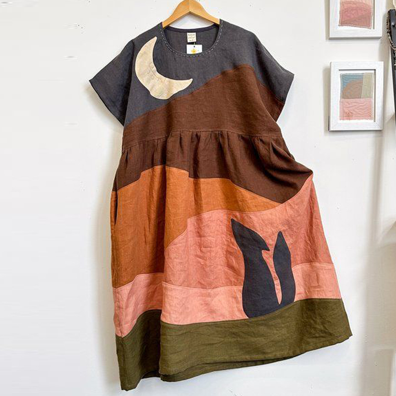 Night Forest Landscape Colorblock Patchwork Linen Dress