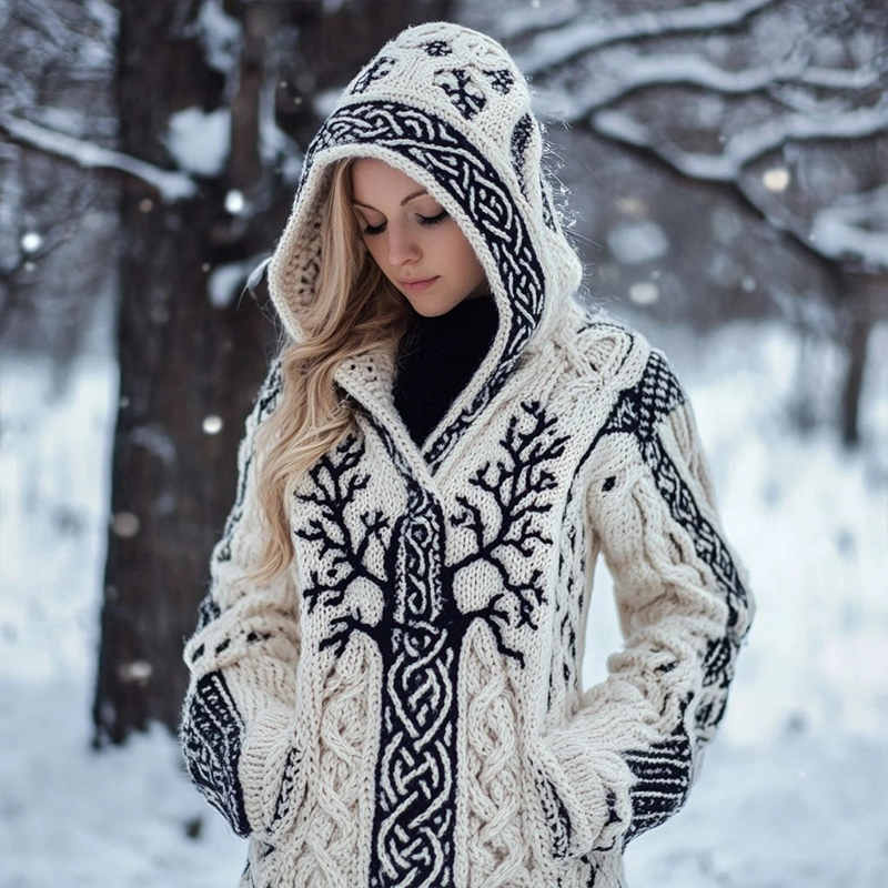 Women's Viking Inspired Celtic Knot Jacquard Knit Hooded Cardigan Women's Viking Inspired Celtic Knot Jacquard Knit Hooded Cardigan