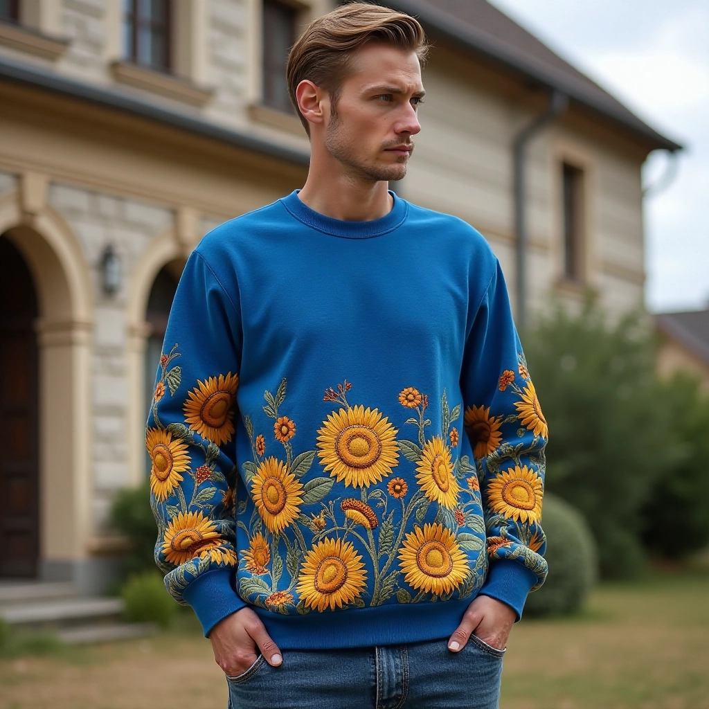 Men's Ukrainian Sunflower Embroidered Crew Neck Sweatshirt Men's Ukrainian Sunflower Embroidered Crew Neck Sweatshirt