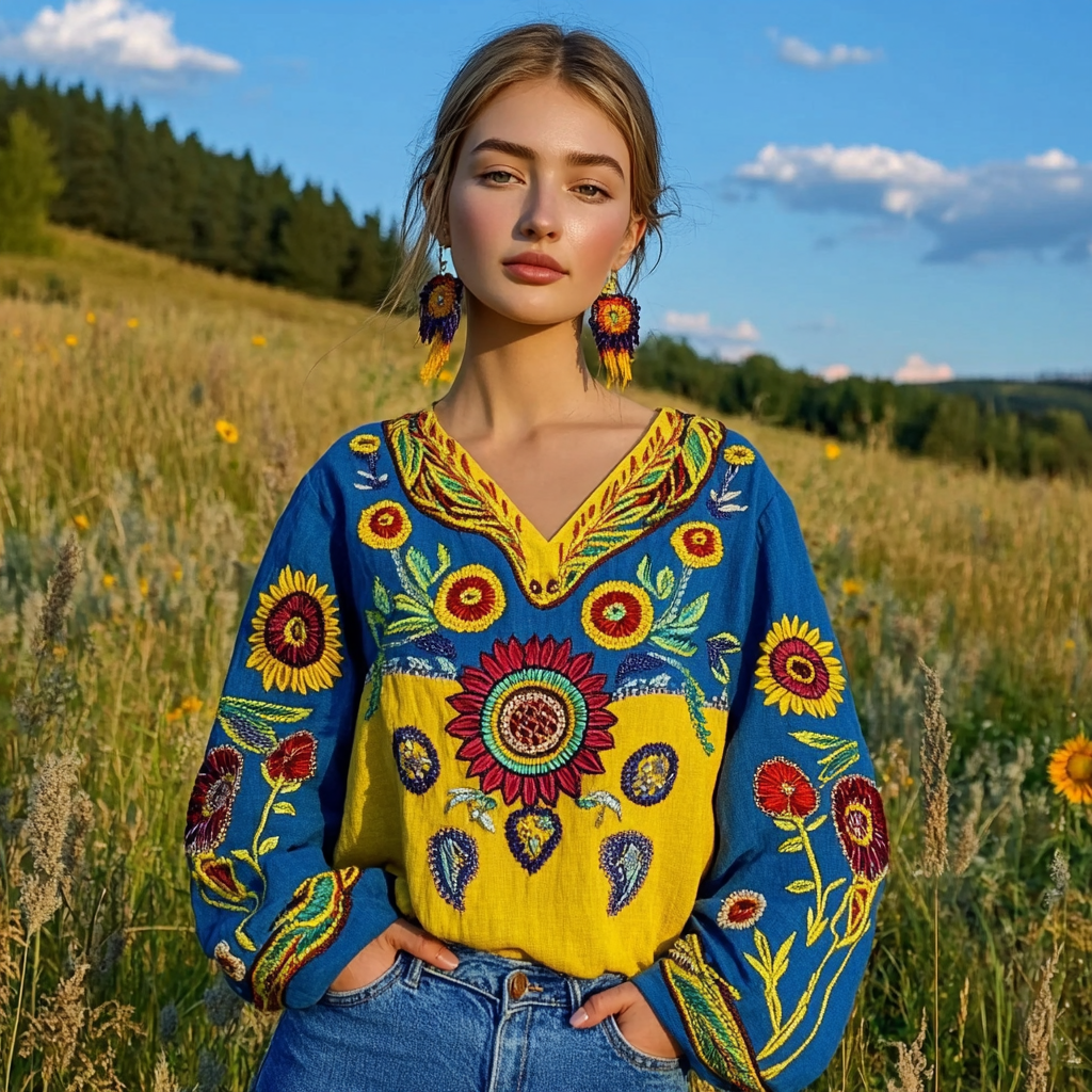 Ukrainian Folk Sunflower Floral Embroidery Contrasting Color Linen V-neck Shirt Ukrainian Folk Sunflower Floral Embroidery Contrasting Color Linen V-neck Shirt