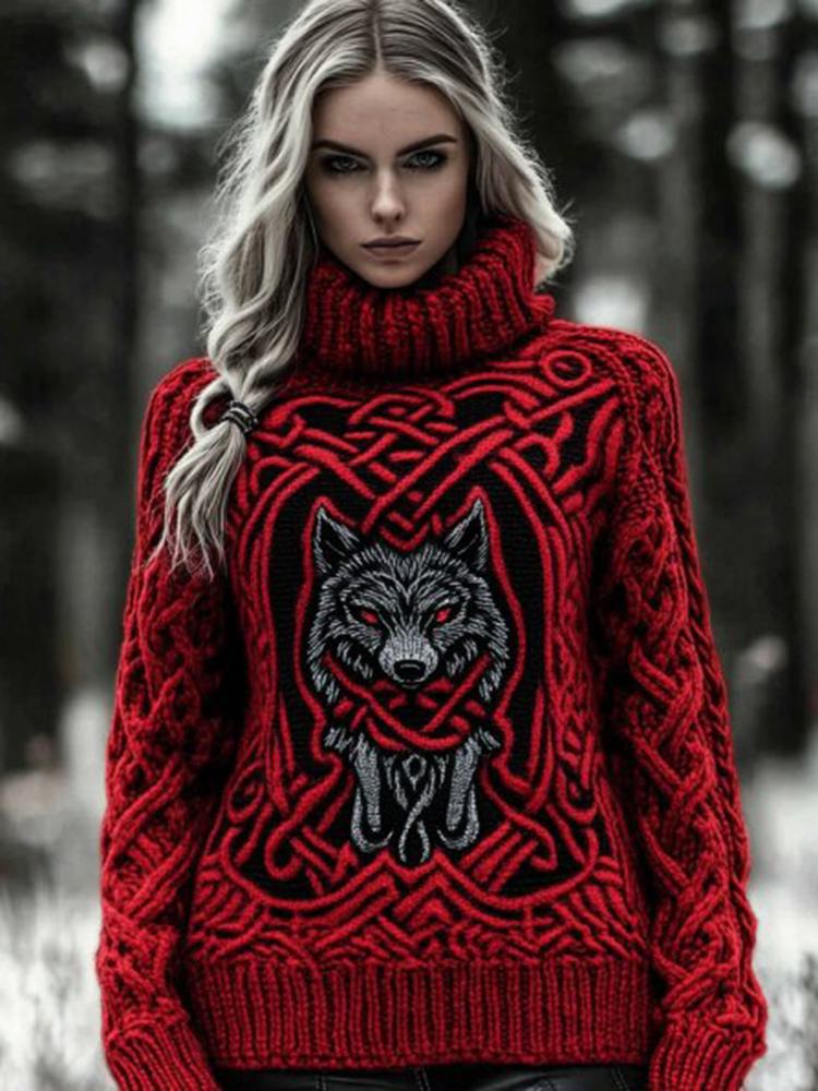 Women's Viking Wolf Knit Jacquard Turtleneck Sweater
