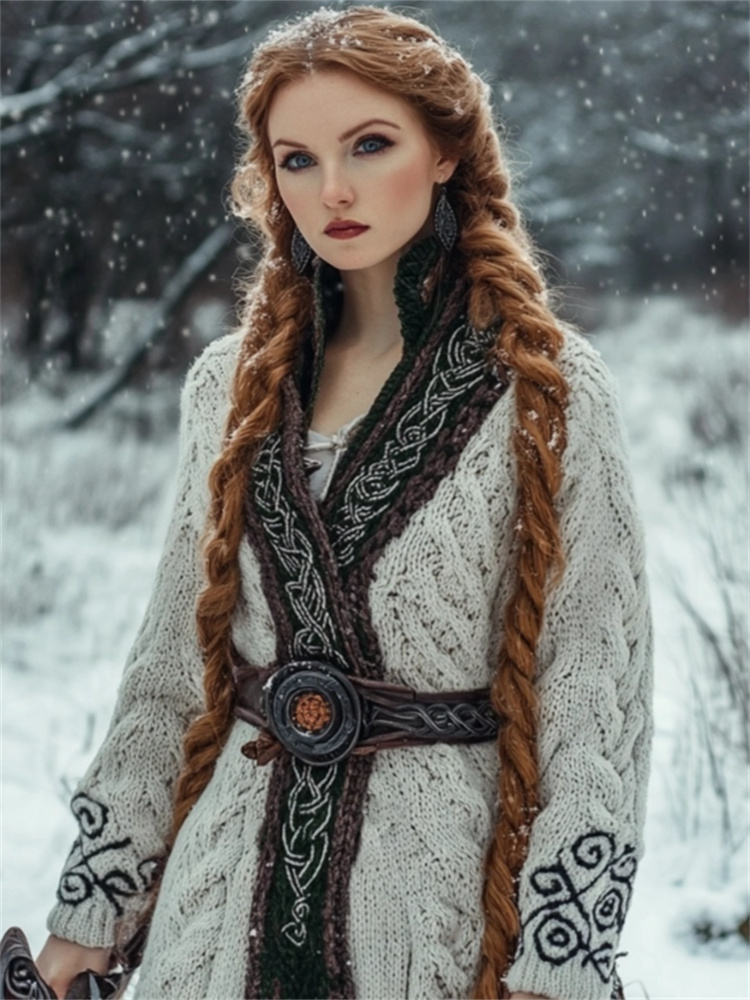 Medieval Celtic Contrast Hem Cozy Chunky Long Cardigan