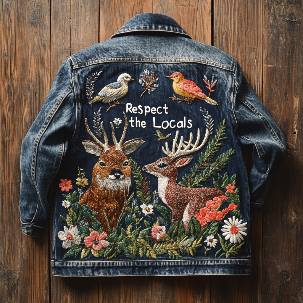 Retro Elk Floral Embroidered Art Respect The Locals Denim Jacket