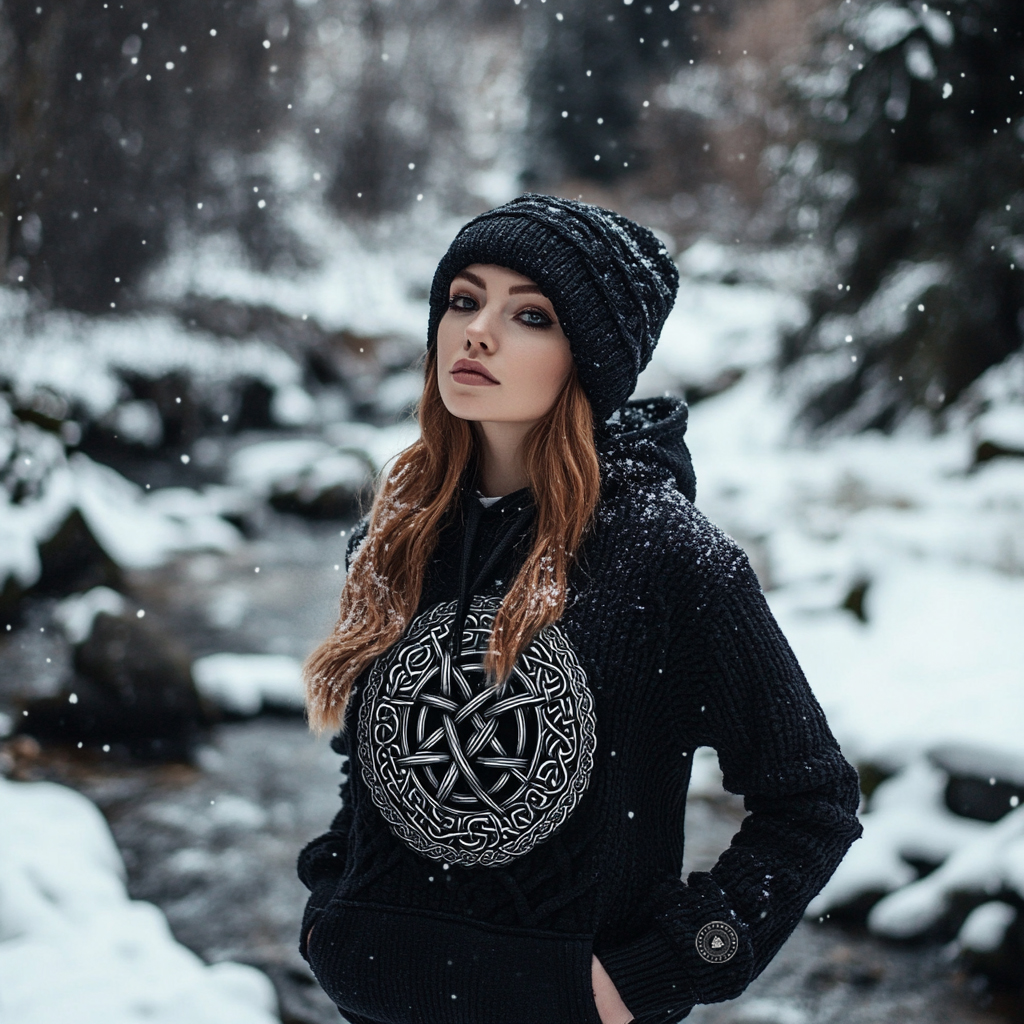Women's Viking Tribal Jacquard Celtic Inspired Chunky Knit Hooded Sweater Women's Viking Tribal Jacquard Celtic Inspired Chunky Knit Hooded Sweater