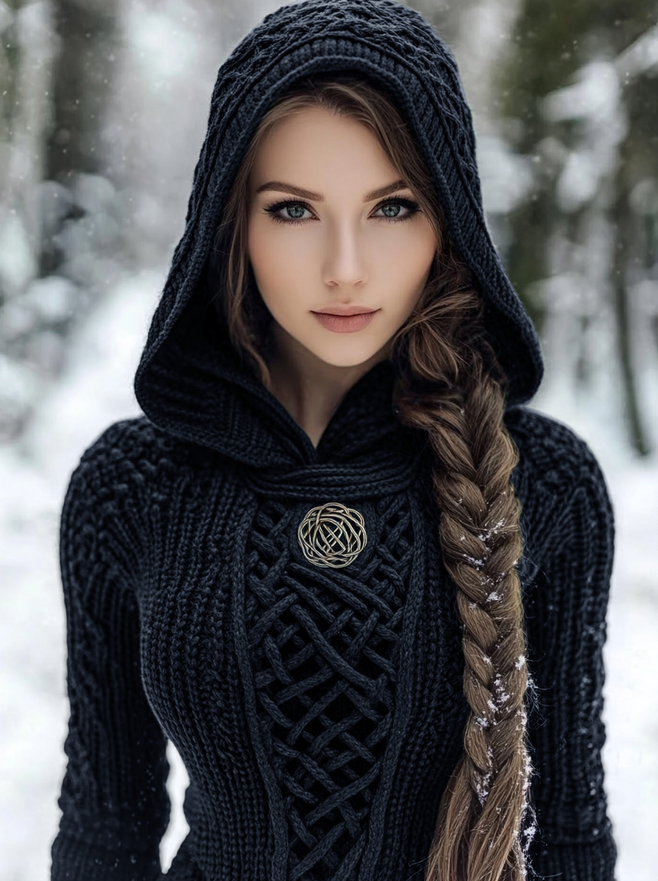 Women's Viking Style Knitted Cozy Hooded Sweater
