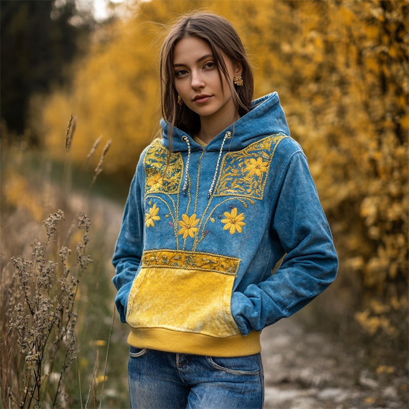 Ukraine Ethnic Floral Embroidered Contrast Color Washed Hoodie