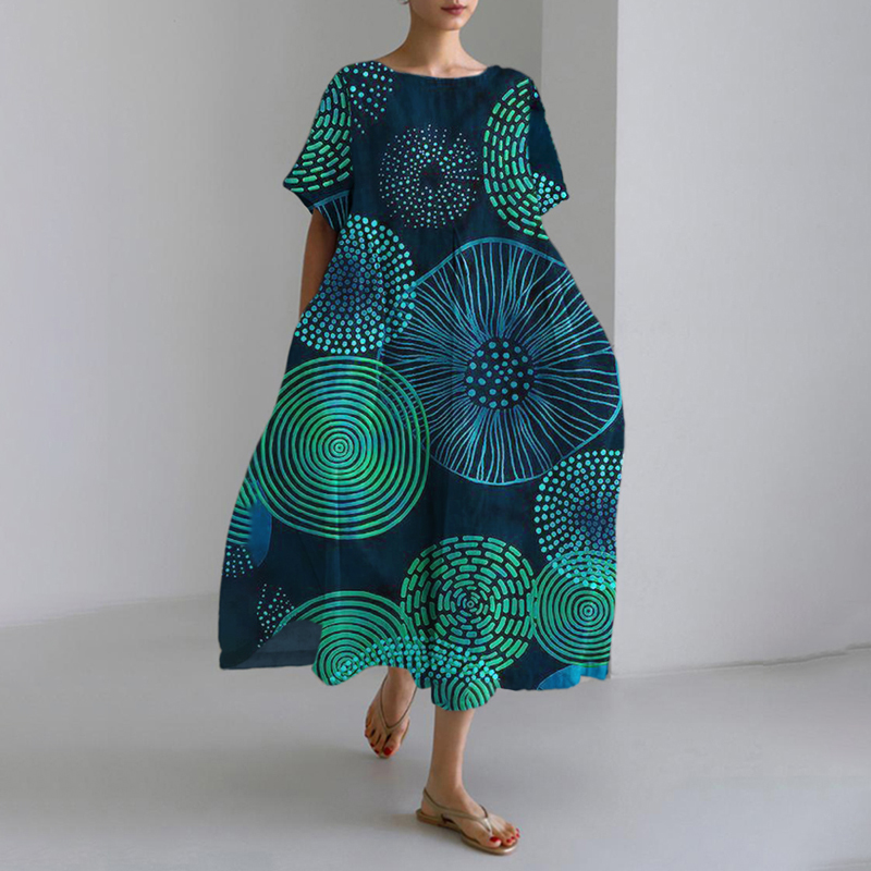 Circle Abstract Art Women's Linen Short Sleeve Maxi Dress Circle Abstract Art Women's Linen Short Sleeve Maxi Dress