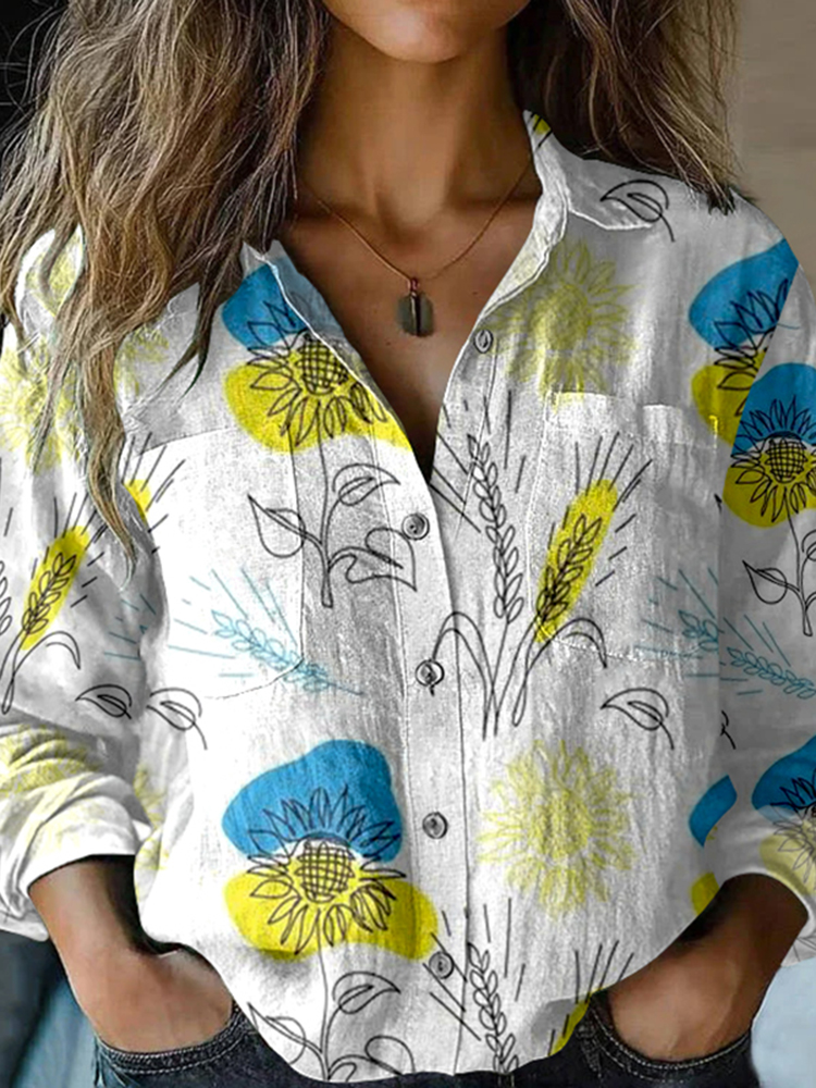 Vintage Hope Peace Forever Ukraine Floral Art Linen Print  Long Sleeve Shirt