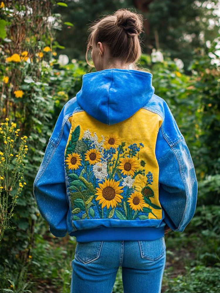 Women's Ukrainian Sunflower Embroidered Print Washde Hooded Sweatshirt