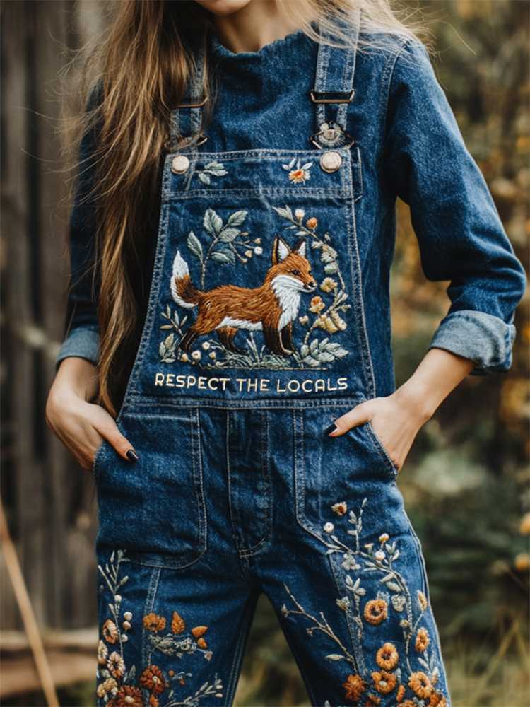Respect The Locals Fox Floral Embroidered Denim Overalls