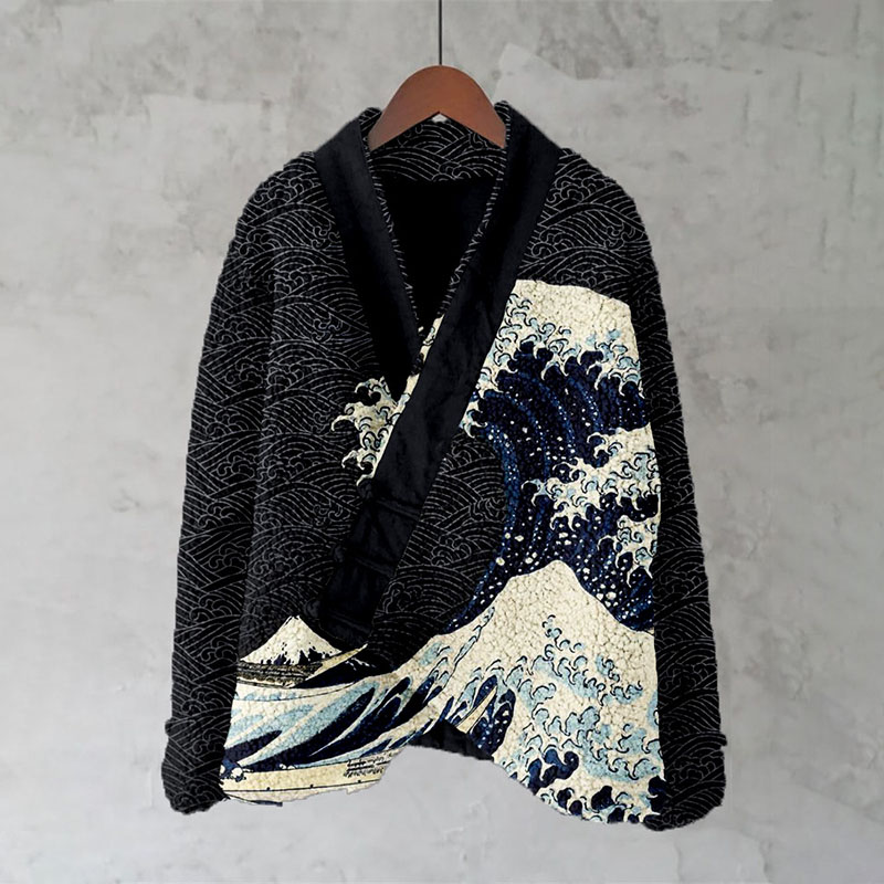 Great Wave Japanese Art Fleece Kimono Cardigan Great Wave Japanese Art Fleece Kimono Cardigan