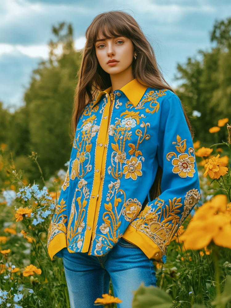 Ukrainian Folk Floral Embroidered Contrast Color Art Print Shirt