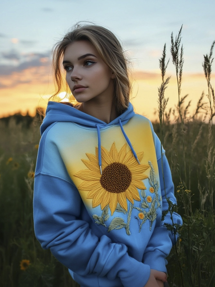 Sunflower Embroidery Yellow And Blue Gradient Women's Hoodie