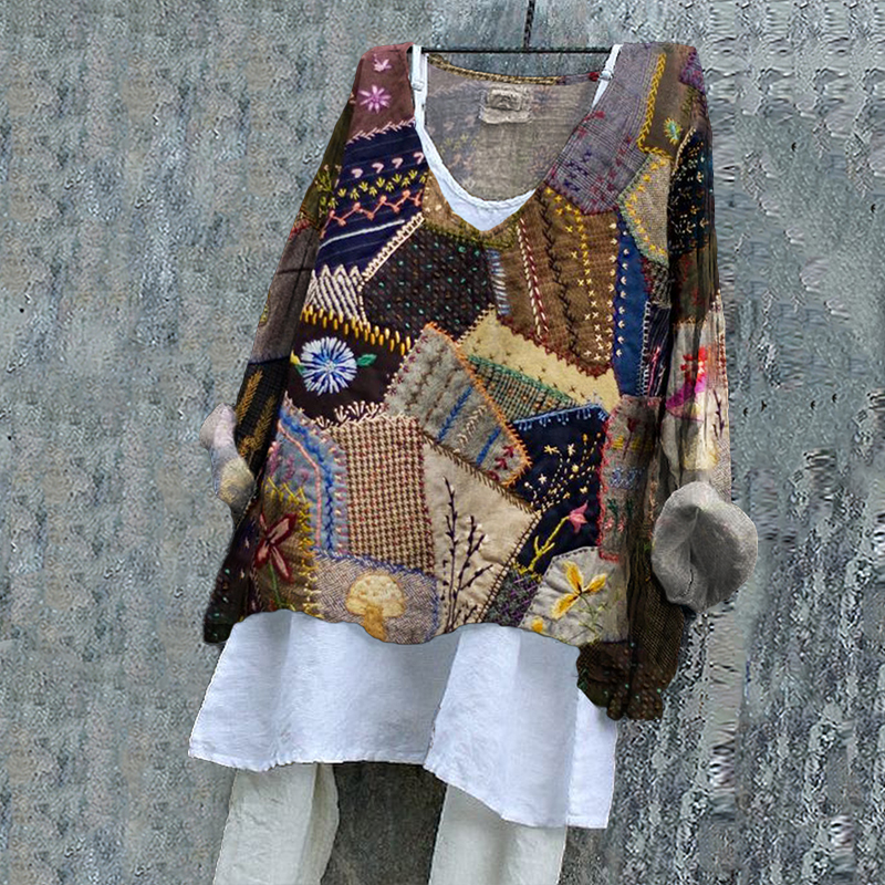 Geometric Stitching Pattern Vintage Women's Linen Shirt Geometric Stitching Pattern Vintage Women's Linen Shirt