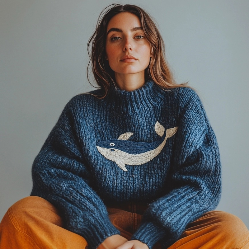 Ocean Whale Embroidery Vintage Cozy Knit Sweater Ocean Whale Embroidery Vintage Cozy Knit Sweater