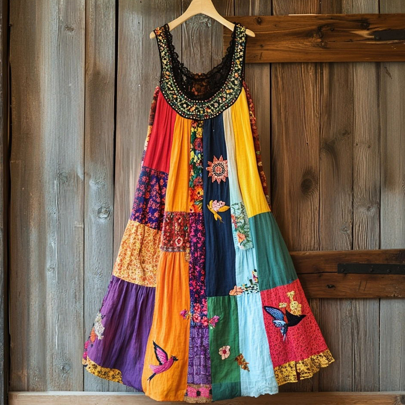 Boho Floral Embroidered Patchwork Linen Blend Dress Boho Floral Embroidered Patchwork Linen Blend Dress