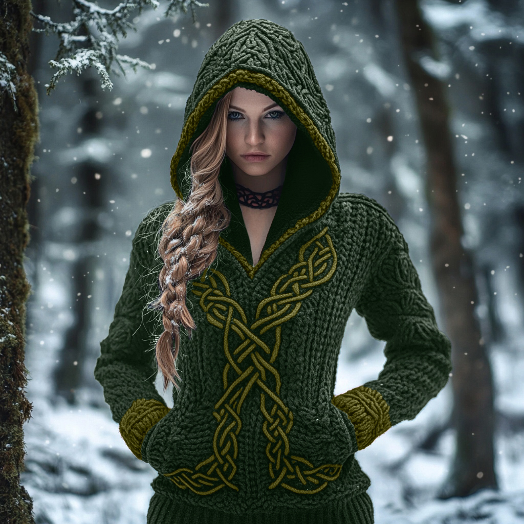 Women's Viking Celtic Knot Jacquard Knit Hooded Sweater