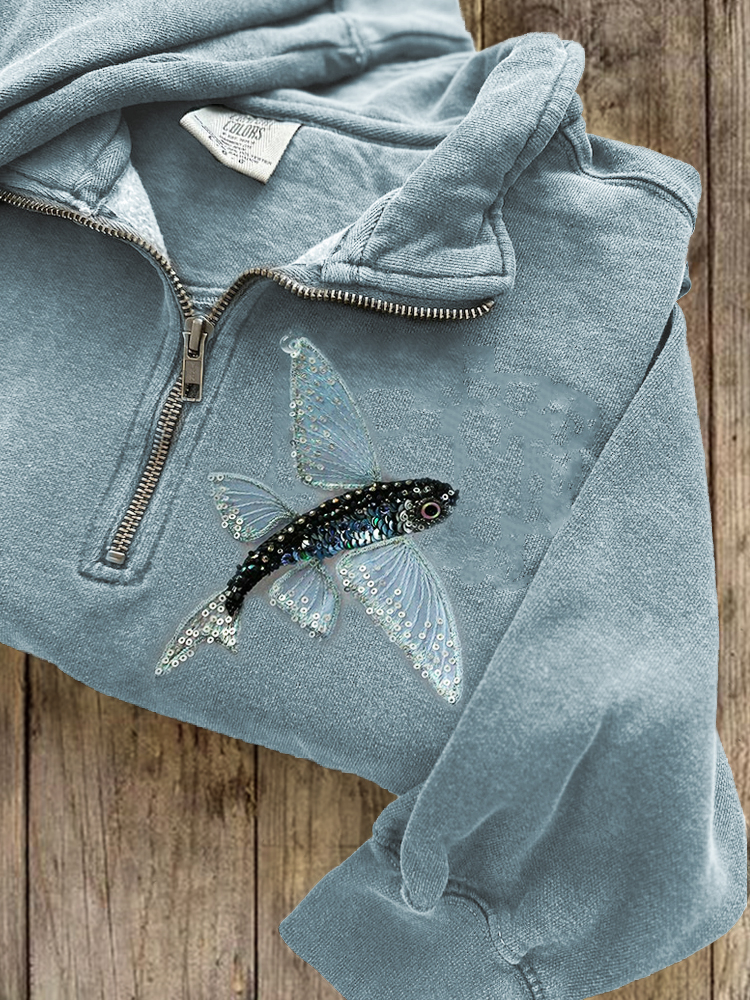 Classy Fish Sequins Embroidered Zip Up Sweatshirt