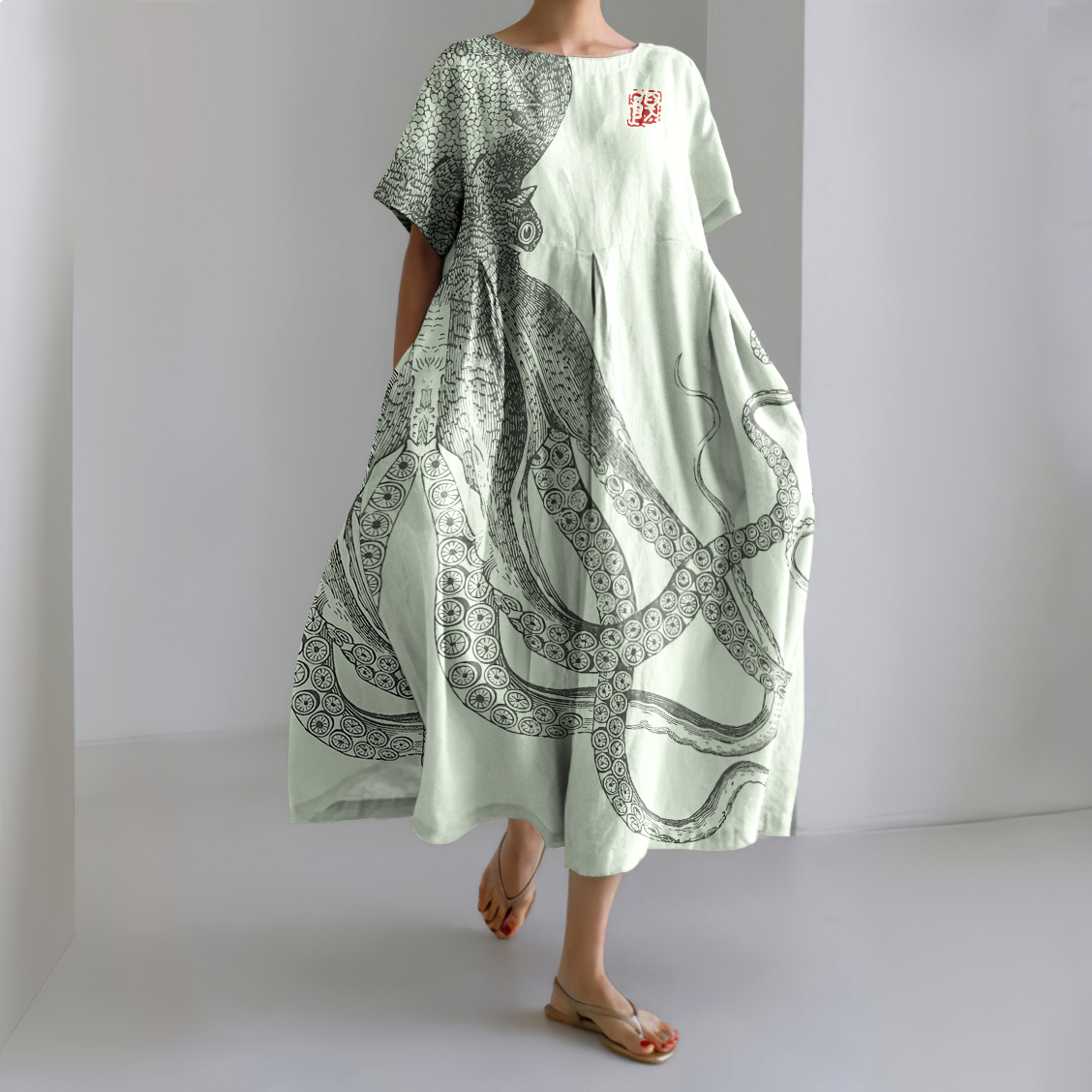 Japanese Art Octopus And Crab Print Casual Art Linen Blend Maxi Dress Japanese Art Octopus And Crab Print Casual Art Linen Blend Maxi Dress