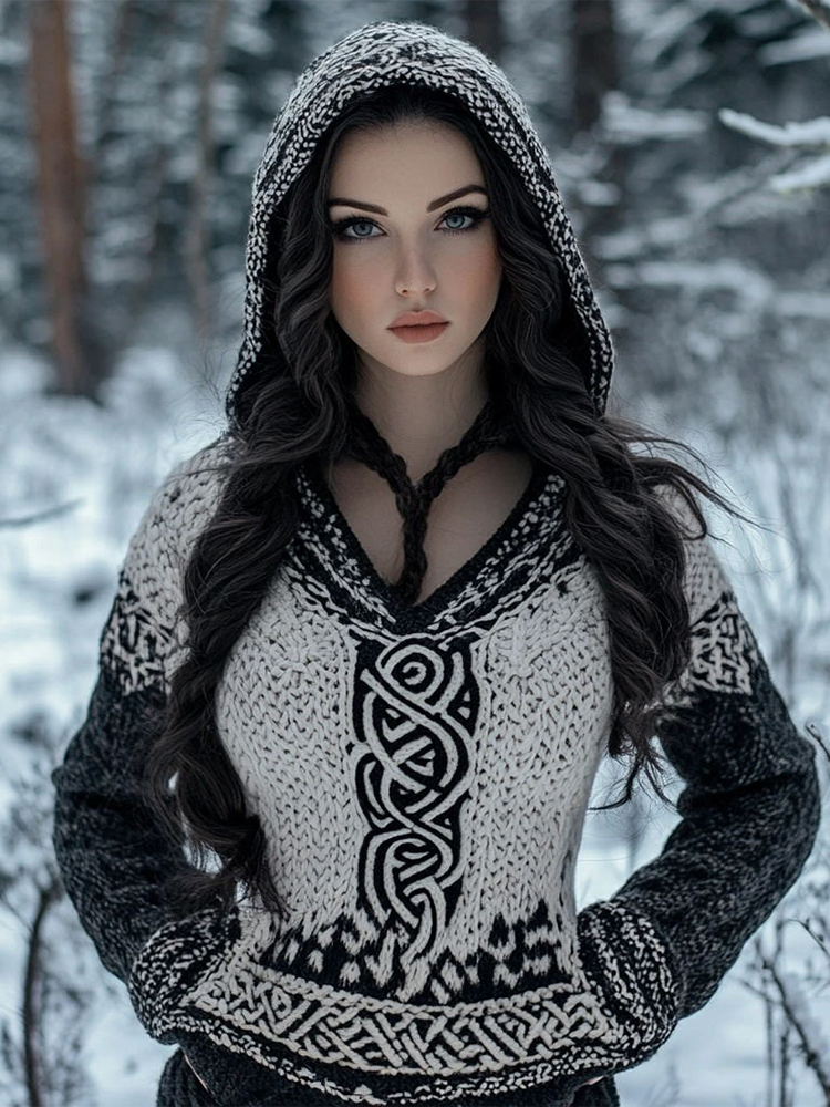 Women's Celtic Knot Jacquard Cozy Knit Hooded Sweater