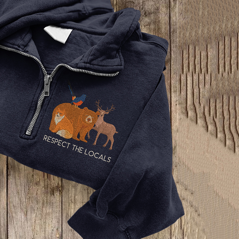 Respect The Locals Animal Embroidered Zipper Sweatshirt