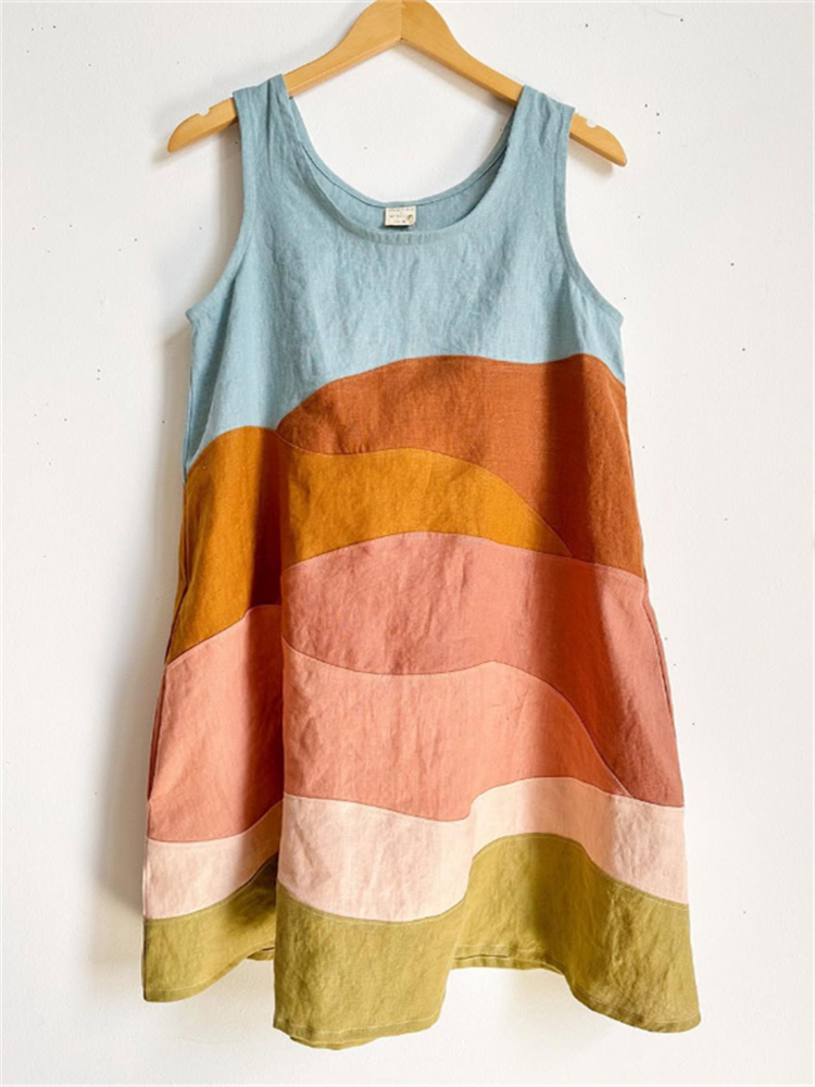 Sunny Earthy Landscape Colorblock Patchwork Linen Tank Dress