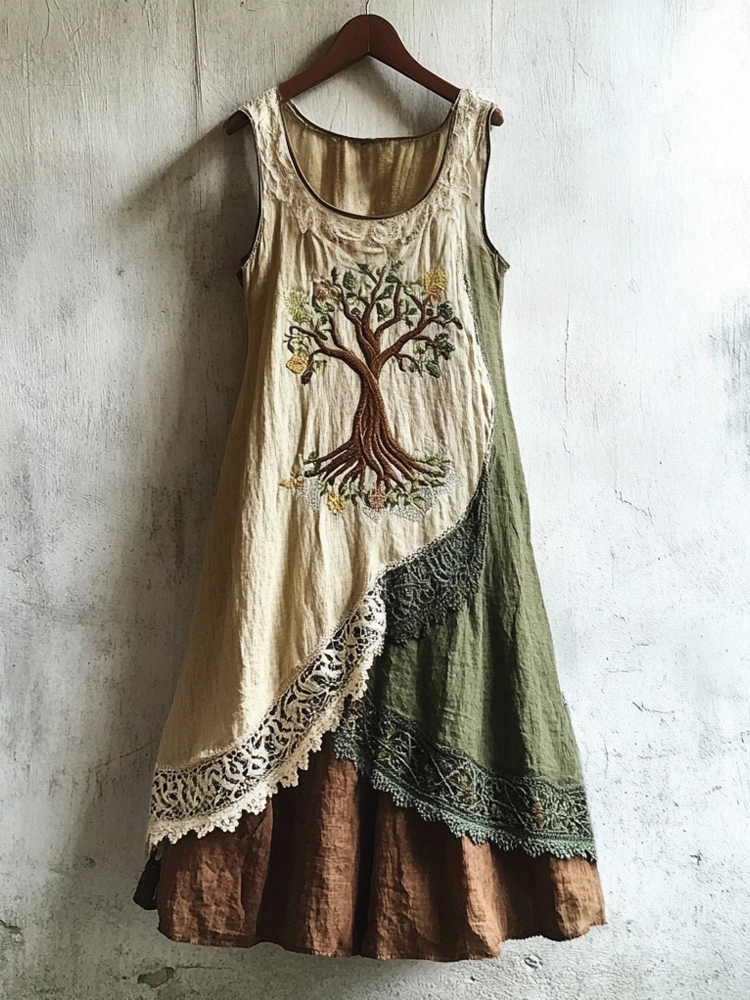 Vintage Viking Tree Of Life Embroidered Flowy Linen Dress