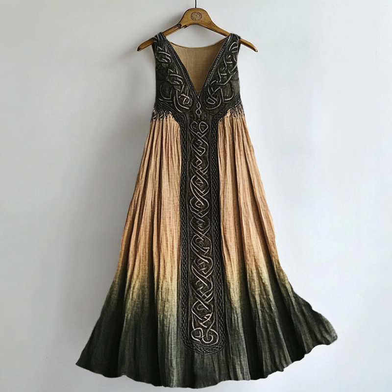 Vintage Celtic Contrast Forest Gradient Flowy Linen Dress Vintage Celtic Contrast Forest Gradient Flowy Linen Dress