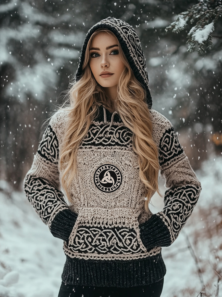 Women's Viking Totem Celtic Knot Vintage Pocket Hooded Sweater
