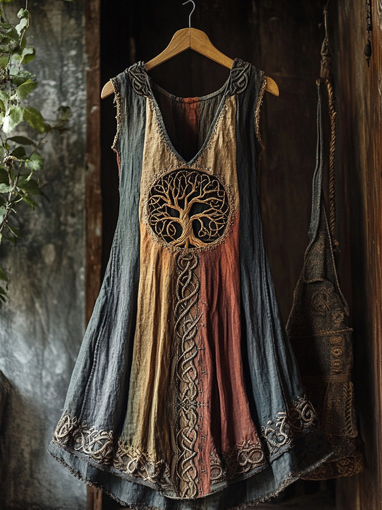 Tribal Viking Colorful Gradient Tree Of Life Lace Art Linen Tank Dress