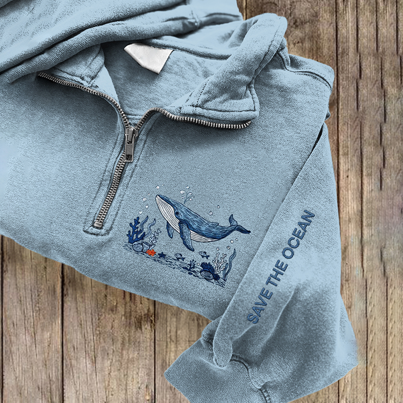 Save The Ocean Whale Embroidered Zip Up Sweatshirt Save The Ocean Whale Embroidered Zip Up Sweatshirt