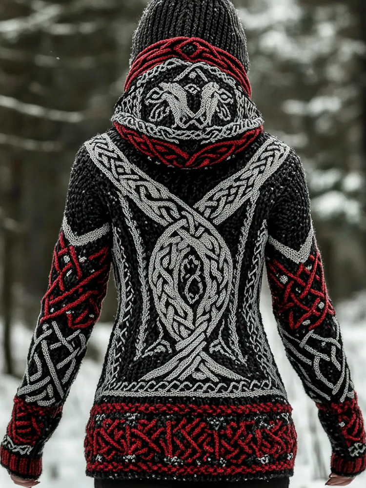 Women's Viking Style Knitted Jacquard Hooded Cardigan Sweater